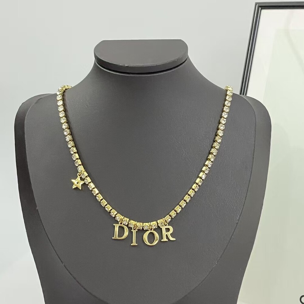 Dior Crystal Chain Logo Star Pendant Necklace